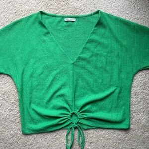 Zara Bright Green V-Neck Cinch Front Crop Top